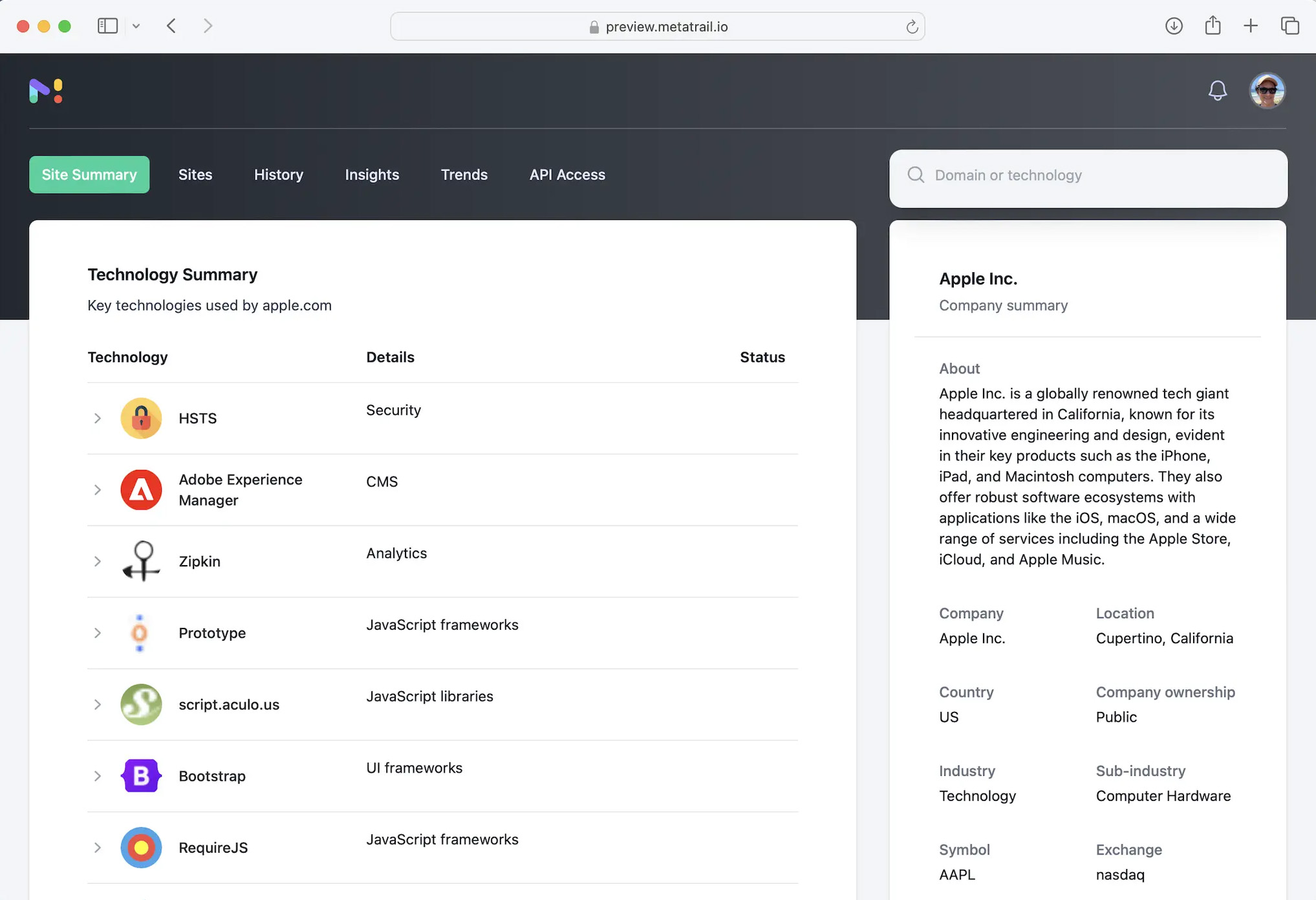 Company Summary screenshot